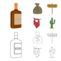 Bag of money, saloon, cowboy kerchief, cactus. Wild west set collection icons in cartoon,outline style vector symbol Royalty Free Stock Photo