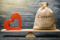 Bag with money with the word Career and red wooden heart on the scales. Money versus love concept. Passion versus profit. Family Royalty Free Stock Photo