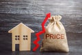 Bag with the money and the word Price and up arrow and wooden house. The increase in housing prices. Rising in fees for an Royalty Free Stock Photo