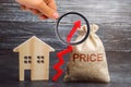 Bag with the money and the word Price and up arrow and wooden house. The increase in housing prices. Rising in fees for an Royalty Free Stock Photo