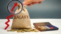 Bag with money and word Salary and up arrow with calculator. increase of salary, wage rates. promotion, career growth. raising the Royalty Free Stock Photo