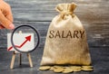 Bag with money and word Salary and up arrow and coins. Increase of salary, wage rates. Promotion. Career growth. Raising the Royalty Free Stock Photo