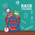 Bag with notebooks lupe and clock of back to school vector design