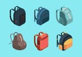 Bag pack isometric. Schoolbag for kids education symbols or baggage for travellers vector collection