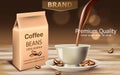 Bag with premium quality arabica coffee beans with a cup near with liquid pouring from top. Place for text