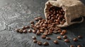 Bag of roasted coffee beans on wooden table Royalty Free Stock Photo