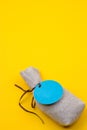 Bag of sackcloth with a blue tag Royalty Free Stock Photo