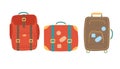 Bag set. Various large travel bags. Backpack and suitcases. Camping and hiking rucksack. Journey and adventure
