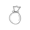 bag with string and bow with money coins in black isolated on white background. Hand drawn vector sketch illustration in doodle