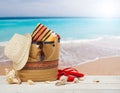 Bag, sunglasses, hat and flip flops on sea beach background Royalty Free Stock Photo