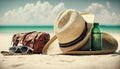 Bag, sunglasses, hat and flip flops on sea sky background, Generative Ai Royalty Free Stock Photo