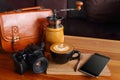 Bag,telephone, phone,camera,vintage brown coffee. Royalty Free Stock Photo