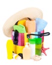 Bag with towels, sunglasses, hat and beach items Royalty Free Stock Photo