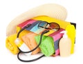 Bag with towels, sunglasses, hat and beach items Royalty Free Stock Photo