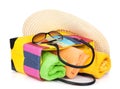 Bag with towels, sunglasses and hat Royalty Free Stock Photo