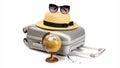 Bag travel. Suitcase, sunglasses with toy plane, straw hat and globe in travel composition isolated on white background. Copy Royalty Free Stock Photo