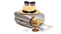 Bag travel. Suitcase, sunglasses with toy plane, straw hat and globe in travel composition isolated on white background. Copy Royalty Free Stock Photo