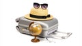 Bag travel. Suitcase, sunglasses with toy plane, straw hat and globe in travel composition isolated on white background Royalty Free Stock Photo