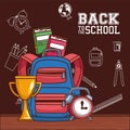 Bag with trophy notebooks and clock of back to school vector design