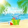 Bag on tropical beach and lettering Hello Summer Royalty Free Stock Photo