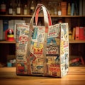 Bag in vintage style with nostalgic applique print from color magazine clippings. Generative AI