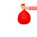 Bag waste red in hand isolated on white background, hand holding red plastic trash bag, illustration bags garbage waste in hand,