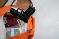 The bag with the weapons of money and passports Royalty Free Stock Photo