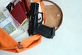 The bag with the weapons of money and passports Royalty Free Stock Photo