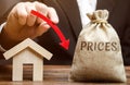 A bag with the word Prices, a miniature house and a down arrow in the hands of a businessman. The concept of reducing the market Royalty Free Stock Photo