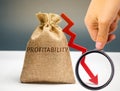 Bag with the word Profitability and a down arrow with a businessman. Low economic efficiency and profitableness. Drop in profits Royalty Free Stock Photo