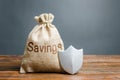 Bag with the words Savings and protection shield. Concept of protection of savings and cash, guaranteed deposits.