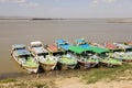 Bagan, Myanmar, December 27 2017: Boat jetty of the irrawaddy river Royalty Free Stock Photo
