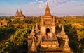 Bagan Myanmar, hot air balloon during Sunrise above temples and pagodas of Bagan Myanma