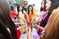 Bagan, Myanmar - March 2019: Burmese women show henna painted hands