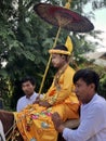 Bagan, Myanmar - 2019: Boy in the traditional Shinbyu, buddhist novitiation ceremony