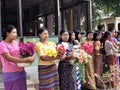 Bagan, Myanmar - 2019: Women in the traditional Shinbyu, buddhist novitiation ceremony