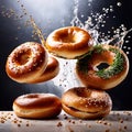 Bagel bread buns, traditional food, dynamic food photography