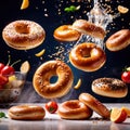 Bagel bread buns, traditional food, dynamic food photography
