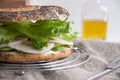 Bagel with chicken roll, green salad and cream cheese Royalty Free Stock Photo
