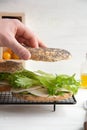 Bagel with chicken roll, green salad and cream cheese Royalty Free Stock Photo