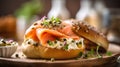 Bagel with cream cheese and smoked salmon, selective focus.