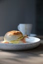 Bagel ham cheese in close up on wooden table in coffee shop Royalty Free Stock Photo