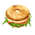 Bagel, sandwich, burger with fish, cream cheese, lemon and herbs. Cooking breakfast, lunch, dinner. Hand drawn