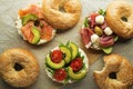 Healthy Bagel sandwich with avocado salmon and ham