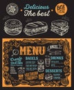 Bagel and sandwich menu for restaurant with food graphic illustrations Royalty Free Stock Photo