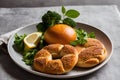 Bagel with sesame seeds, lemon and broccoli on gray background