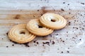 Bagel shortbread cookies on a wooden table. Shortbread Cookies bagel. Tasty Danish butter cookies. Bake at home. Homemade pastry Royalty Free Stock Photo