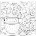 Bagels, a cup of coffee and flowers. Breakfast.Coloring book antistress for children and adults.