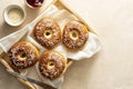 Bagels pastry buns for breakfast, sandwich or snack. Top view, bright background, natural light