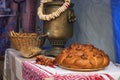 bagels on a samovar, folk Russian decoration at the traditional festival of winter wires, traditional life of Russian village